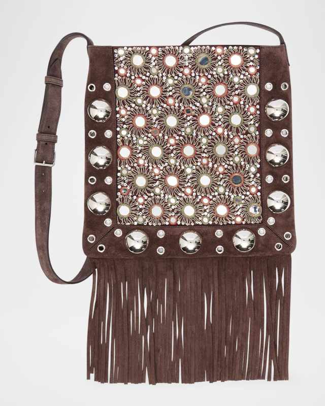 Nellcote Medium Studded Fringed Suede Crossbody Bag